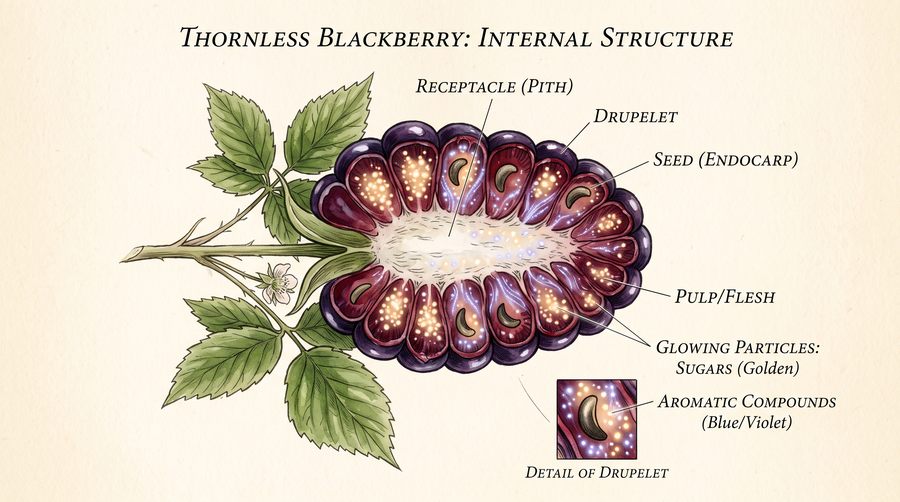 Blackberry cross-section showing internal drupelets and anatomy
