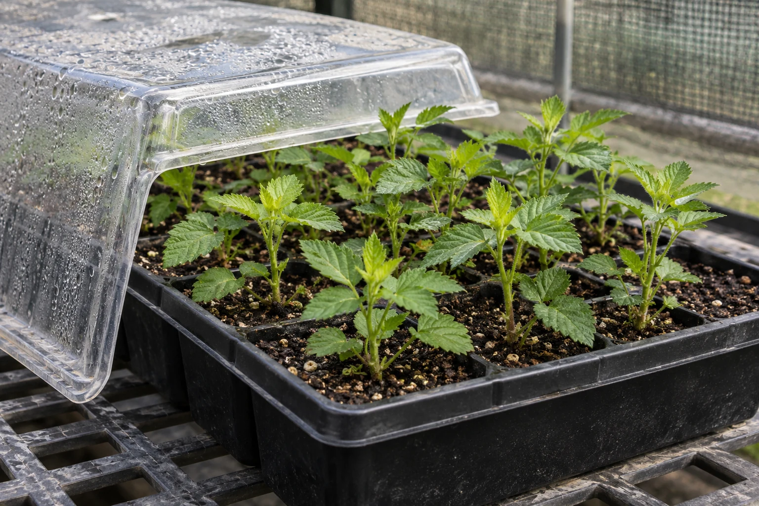 Young blackberry plugs beneath a partly opened humidity dome