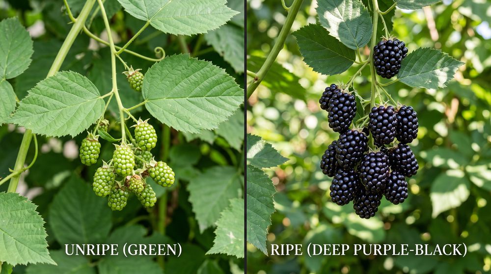 Blackberry ripening stages from green to black on the vine