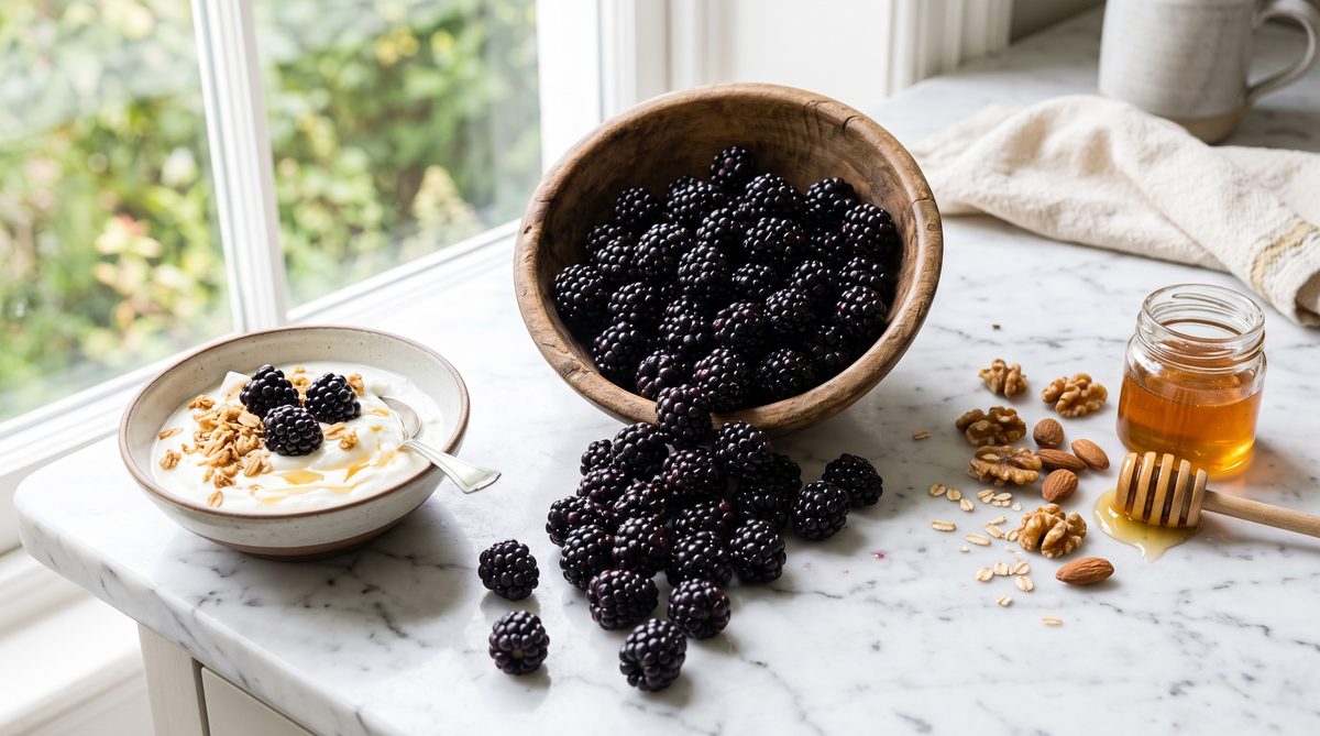 Fresh blackberries in a wooden bowl — antioxidant superfood