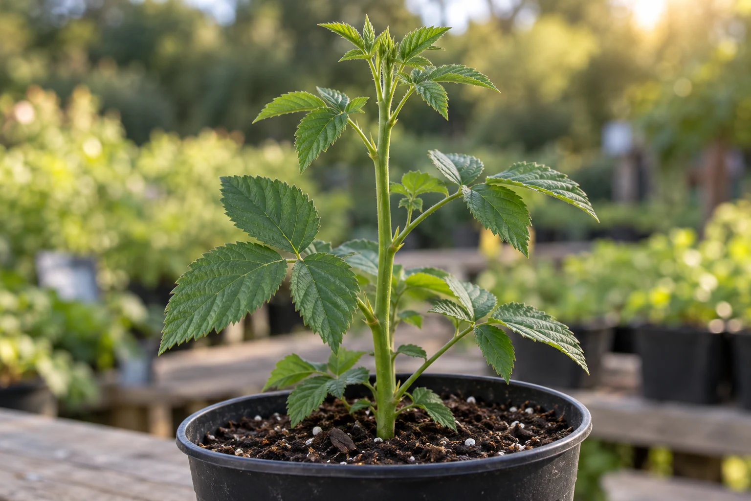 Smooth canes and serrated leaves on a young blackberry plant