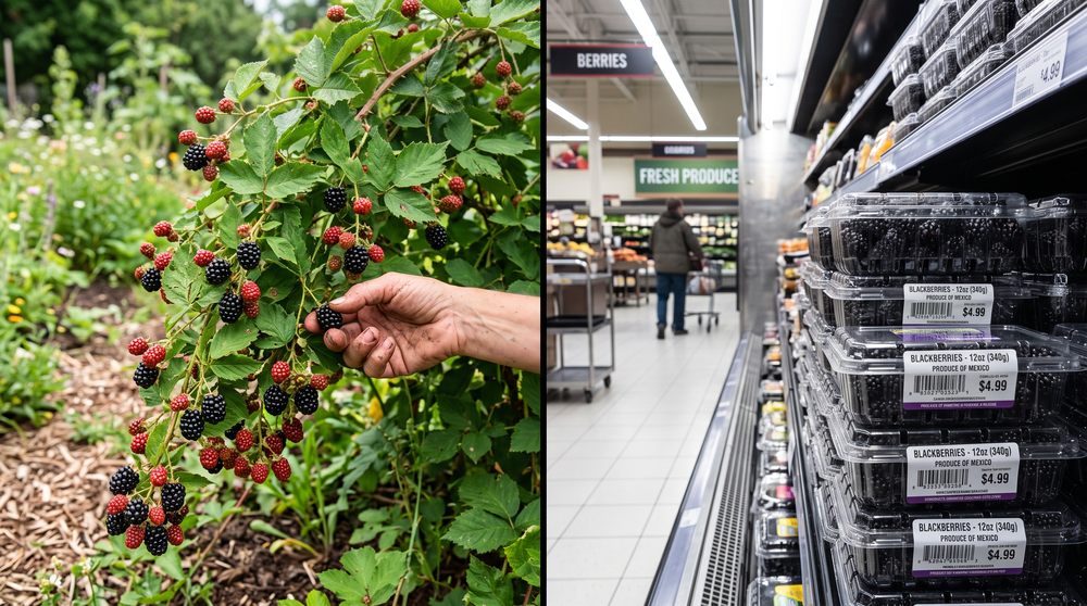 Pesticide-free blackberry bush versus conventional grocery store produce aisle
